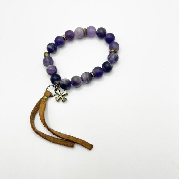 Purple Amethyst Beaded Bracelet with Suede and Gold Accent - Picture 1 of 4